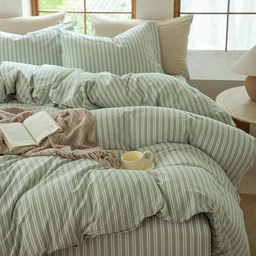 BESTDESIL Sage Green and White Striped Duvet Cover,100% Washed Cotton Breathable and Linen Like Bedding Set(Strip-Sage Green/White,Full Size) thumbnail 6
