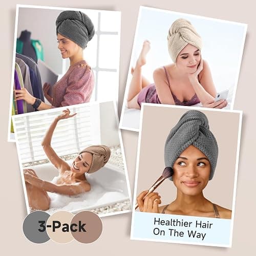 Umisleep 3 Pack Microfiber Hair Towel Wrap for Curly Hair, Super Absorbent Hair Drying Towel for Women, Kids, Hair Care Accessories, Hair Turban for Wet Hair (Grey, Camel, Brown) thumbnail 6