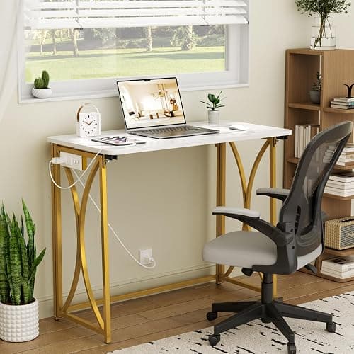 coeztt Folding Desk, 31.5" Small Desk for Bedroom with Power Outlet, Space Saving Foldable Computer Desk for Home Office, Easy Assembly, White and Gold thumbnail 7