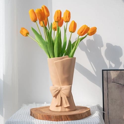 Relexome Beige Ceramic Bow Vase 9.64 in Unique Cute Modern Decorative Bouquet Flower Vases for Home Living Room Table Decor Women Girl Gifts thumbnail 3