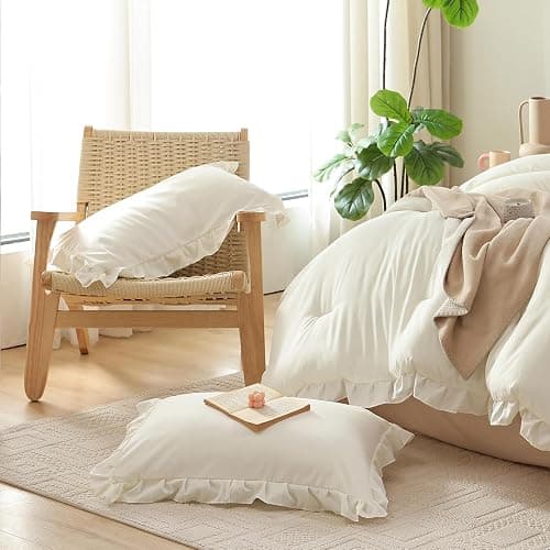 JANZAA Full Comforter Set Creamy White Ruffle Comforter with 2 Pillowcase Soft Full Size Bed Set Vintage Farmhouse Bed Comforter Set Fluffy Shabby Chic Bedding for All Season thumbnail 4