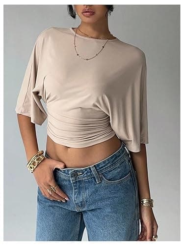 Verdusa Women's Half Sleeve Cinched Waist Tops Ruched Crew Neck T Shirts Going Out Crop Tops thumbnail 4