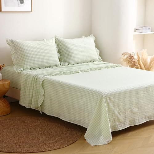 K MASANIJI Pile Green Ruffle Gingham Sheets Twin XL Size 4-Piece Set, 300TC 100% Yarn Dyed Linen Feel Cotton Sheets 18 in Deep Pocket Kids Preppy Decorative Bedding (Pile Green/White Plaid, Twin XL) - Image 1