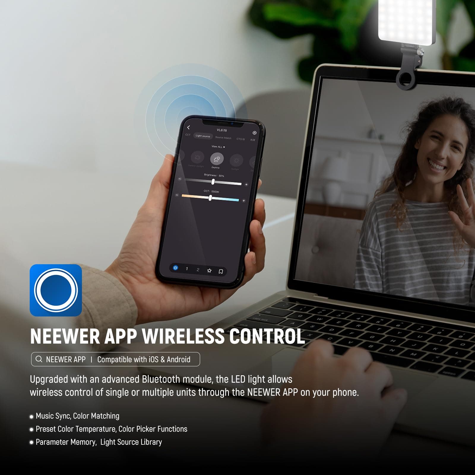 NEEWER Basics VL67B Phone Selfie Light for iPhone with APP Control, Bi Color 2000mAh Clip On Fill Light for Vlogging Recording Live Streaming, Computer/Laptop/Webcam/Monitor Video Conference Lighting thumbnail 5