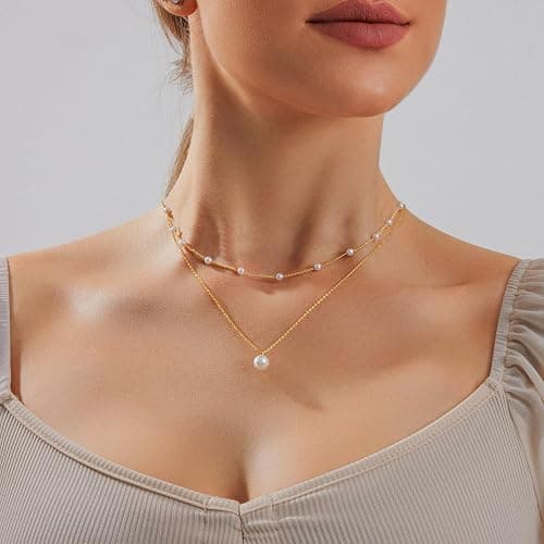 Partm Pearl Necklace for Women Trendy 14K Gold Plated Dainty Pearl Pendant Choker Set Handmade Pearl Gold Necklace Non Tarnish Simple Cute Jewelry Gifts for Women thumbnail 2