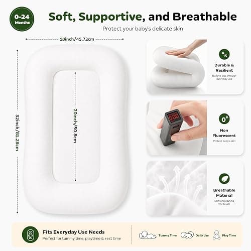 Mapotf Baby Lounger for Newborns 0-24 Months - Baby Essentials | Soft Breathable Cotton Infant Support Cushion for Tummy Time & Play, Portable Infant Lounger - Cloud White (Cover Included) thumbnail 4