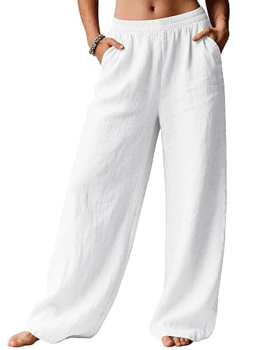 LOMON Linen Pants Women Wide Leg Palazzo Summer Flowy Pants Beach Vacation Clothes Elastic Waist Travel Trousers with Pockets thumbnail 2