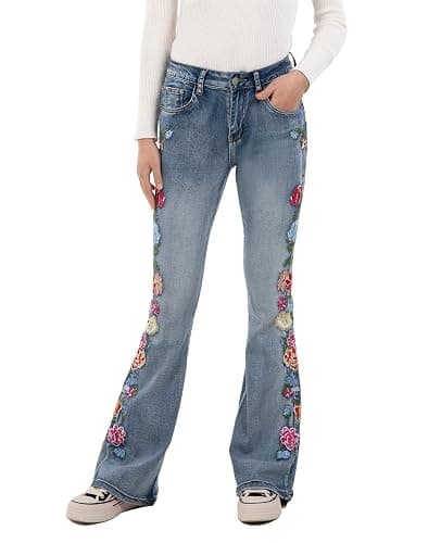 Women's Embroidered Bell Bottom Jeans Stretch Flared Fit Wide Leg Denim Pants - Image 1