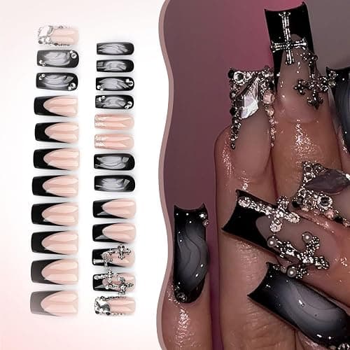 LunarCharm 24 Stück Aufdrücknägel, lang, quadratisch, schwarz, Ombre-Kunstnägel mit Kreuzanhänger-Design, glänzend, vollständige Abdeckung, schwarze künstliche falsche Nägel thumbnail 4