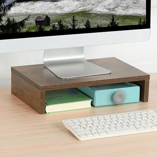 TEAMIX 14.2 inch Monitor Stand Riser, Rustic Brown Wood Monitor Riser with Storage for Desk Small Monitor Stand TV/Screen/PC/Laptop Riser Computer Stand Desktop Shelf (Brown-14.2 inch) thumbnail 2