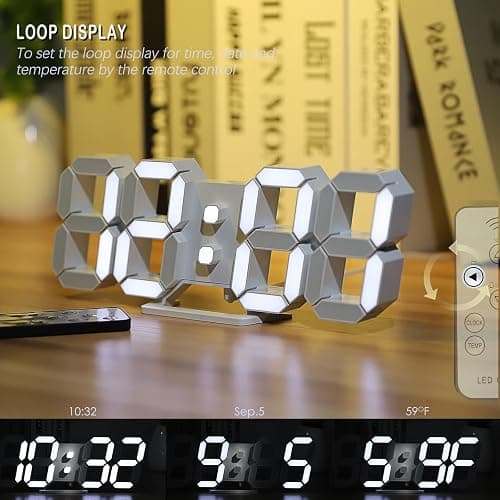 KOSUMOSU 3D LED Digital Wall Clock ,9.7", Large Display Table/ Desk Clock with Remote Control 12/24H Temperature (White Light) thumbnail 5