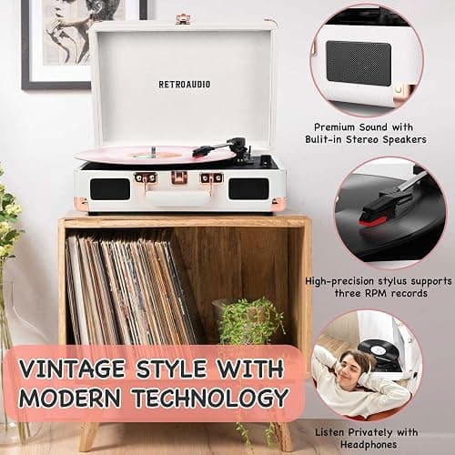 Vinyl Record Player with Built-in Speakers 3-Speed Vintage Record Player Bluetooth Portable Suitcase Turntable Belt-Driven LP Player Support RCA Output and Headphone Output (White Rose Gold) thumbnail 5