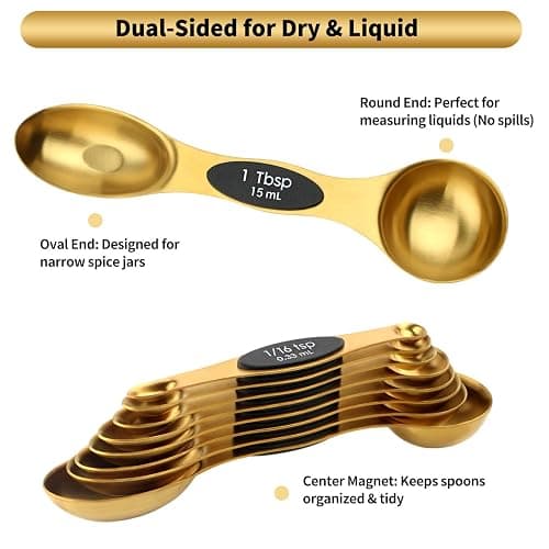 Gold Magnetic Measuring Spoons Set Stainless Steel with Leveler, Dual-Sided Stackable Metal Measuring Spoons for Baking & Cooking, Fits in Spice Jars, Heavy Duty Kitchen Gadgets, 8 Spoons & 1 Leveler thumbnail 7