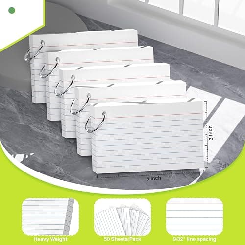 250 Count White Index Cards with Ring 3 x 5 Inch Heavyweight Ruled Index Cards, Flash Cards for School & Office Supplies and Home Organization, Durable Study To Do List Note Cards with Ruled Lines thumbnail 2