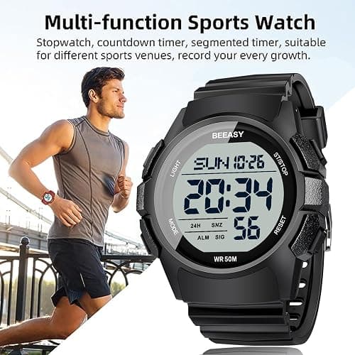Beeasy Men Digital Sports Watch,Waterproof Watch with Stopwatch Countdown Timer Alarm Function Dual Time Rubber Strap Wrist Watch for Men/Student thumbnail 6