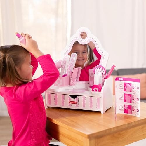 Melissa & Doug Wooden Beauty Salon Play Set, 18-Piece Vanity with Pretend Play Toys, Makeup, Mirror, Accessories & More, Preschool Toys for Girls & Boys Ages 3+ - FSC Certified thumbnail 9