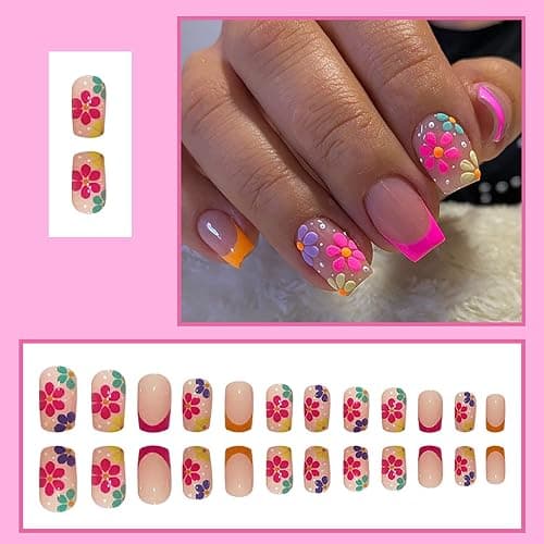 SOOZEE French Tip Press on Nails Short Square Fake Nails Nude Pink False with Flower Designs Acrylic Artificial Nails Full Cover Glue on Nails Stick on Nails for Women Girls thumbnail 2