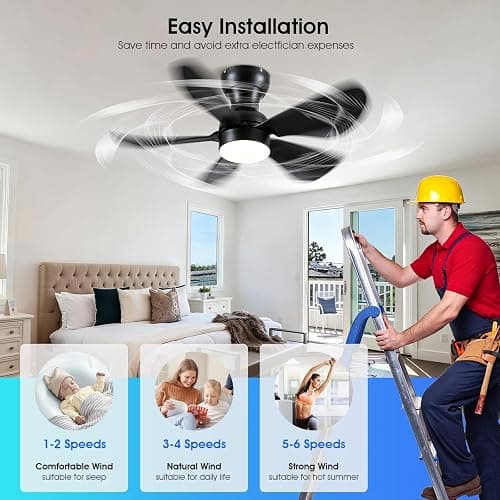 Kviflon 30" Black Small Low Profile Ceiling Fans with Light Remote Control | Flush Mount, 5 Propeller Reversible Blades, Quiet Motor, 3 CCT Dimmable, 18W LED Lights, 6 Speeds for Kids Room/Bedroom thumbnail 7