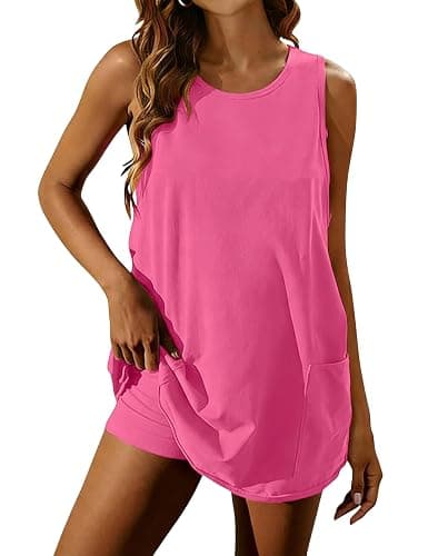 Athlisan Womens Sleeveless Tennis Workout Summer Crewneck Mini Romper Dress with Pockets Athletic Mini Dress Built in Shorts - Image 1