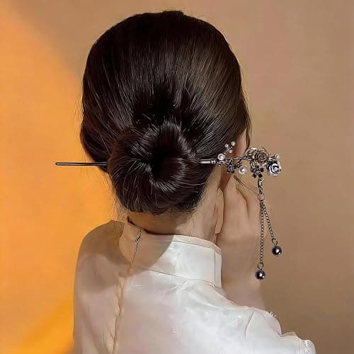 8 Pcs Chinese Hair Sticks Set, Gold White Japanese Hair Stick with Pearl Butterfly Flower Design, Metal Hairpins for Women Girls, Traditional Asian Hair Accessories for Bun Updo (Black and Gold) thumbnail 4