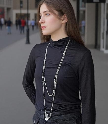 Long Beaded Silver Necklaces for Women Layered Long Statement Necklace with Stone Pearl Beads Double Sweater Chain Costume Jewelry for Women thumbnail 4