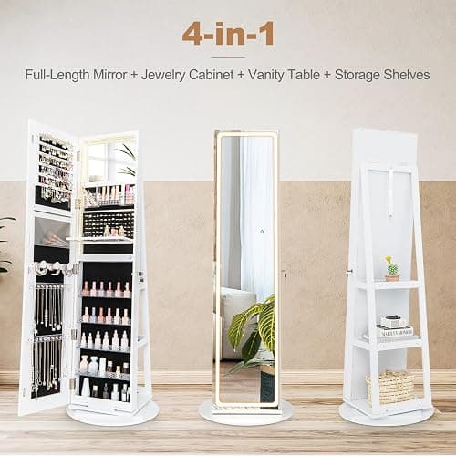 LOKO 360° Swivel Jewelry Cabinet with 3-color LED Lights, Lockable Jewelry Armoire Organizer with Full-Length Mirror, Makeup Mirror & Foldable Makeup Shelf, for Girl Women, Gift (White) thumbnail 9