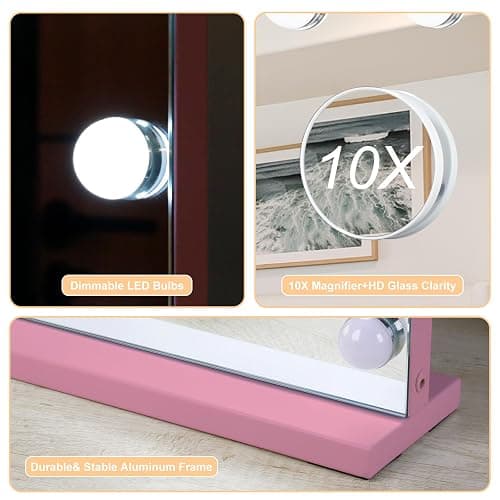 Moonee Vanity Mirror with Lights, Pink Hollywood Lighted Makeup Mirror with 15 Dimmable Bulbs and 10X Magnification, 3 Colors Modes, Aluminum Metal Frame, Light Up Mirror for Tabletop/Wall（23" x 18"） thumbnail 7