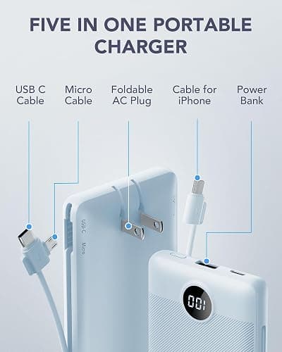 VRURC Portable Charger, Power Bank Built-in Cables and AC Wall Plug | USB C Power Bank 10000mAh, Travel Essentials Phone Charger Compact External Battery Pack For Smart Phones, Tablets etc-Blue thumbnail 3