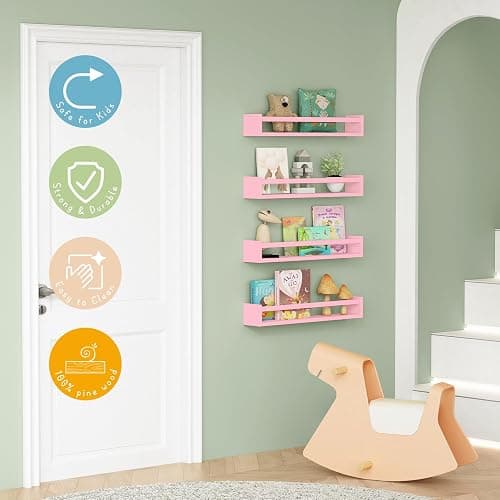 Forbena Large Pink Kids Book Shelves for Girls Room Wall Set of 4, Floating Nursery Book Shelf for Baby Girl Deocr, 24 Inches Long Wall Mounted Bookshelf for Toddler Kid Child Teens Bedroom (Pink) thumbnail 4