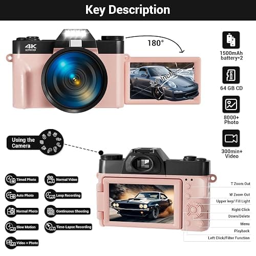 Digital Camera, FHD 4K 75MP WiFi Vlogging Video Camera for YouTube with 3'' 180°Flip Screen, 64GB SD Card, 16x Digital Zoom, 2 Batteries, Point and Shoot Digital Camera for Beginner (Pink) thumbnail 4