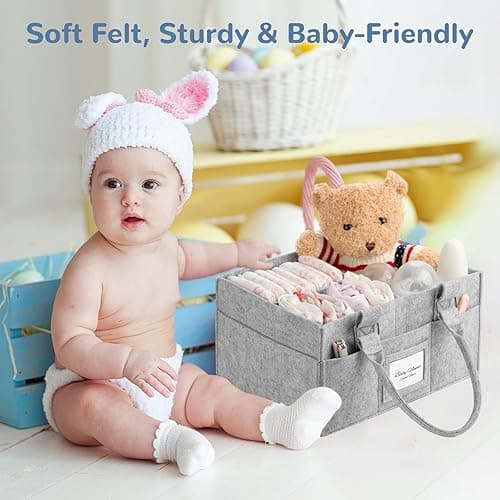 PaoveFor Diaper Caddy Organizer, Newborn Essetials Must Haves, Baby Registry Search and Other Baby Stuff, Collapsible Baby Basket with Handle and a Photo Frame, Grey, 11.8 x 6.3 x 9.0 inch - 11.8 x 6.3 x 9.0 inch thumbnail 5