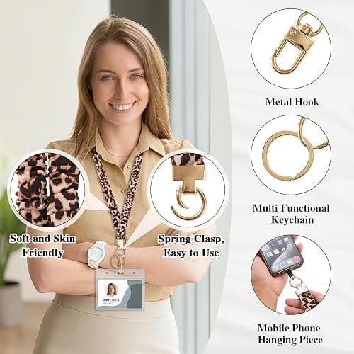 Scrunchie Lanyard for ID Badges & Keychain, Teacher Lanyards Leopard Print | Stretchy lanyard, retractable card access, 2 waterproof holders, phone tab and metal clip, soft for daily wear thumbnail 4