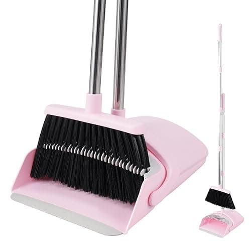 BSKLIN Broom and Dustpan Set, Outdoor Broom with Dustpan Combo Set for Sweeping Indoor Collapsible Broom Set for Home Office Kitchen Lobby Floor Pet Hair (Pink) - Small-pink - Image 1