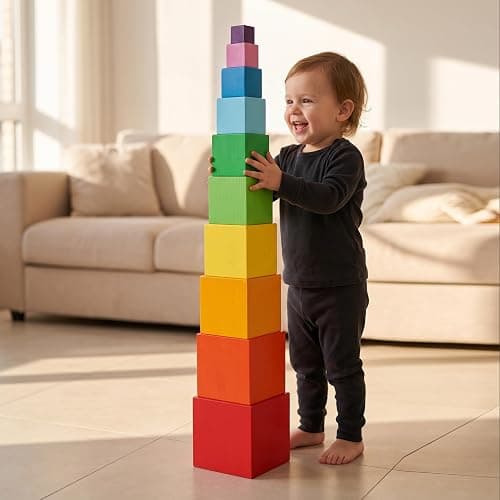 TOWO Wooden Stacking Boxes, Rainbow Nesting Sorting Cups for Toddlers | Rainbow wooden stacking cubes support color sorting, nesting and early learning; Montessori toy for toddlers age 2+ thumbnail 2