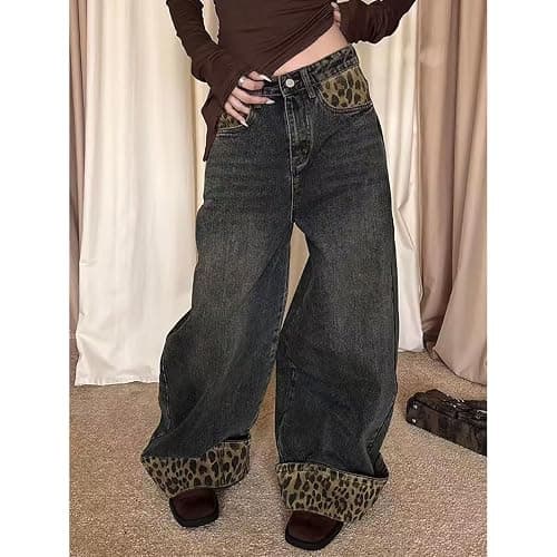 INFENU American Street Style Women's Retro Leopard Print Patchwork Jeans, Spicy Girl Street Loose Hip-hop Wide Leg Pants thumbnail 5