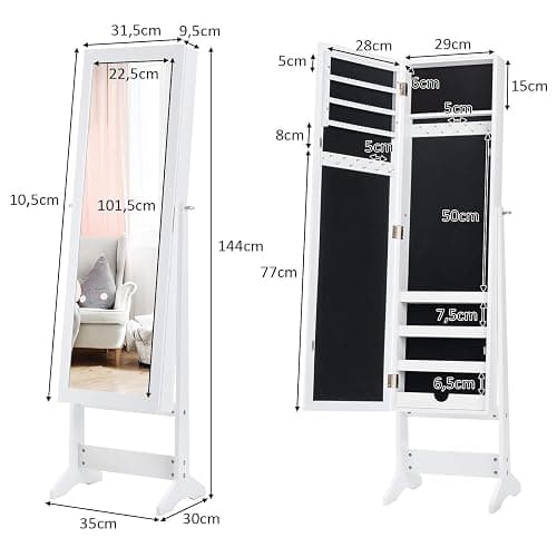 COSTWAY Specchio Portagioie da Terra, Armadietto Portagioie con Specchio a 3 Angoli, Organizer per Gioie Camera da Letto, 35 x 30 x 144 cm (Bianco) thumbnail 3