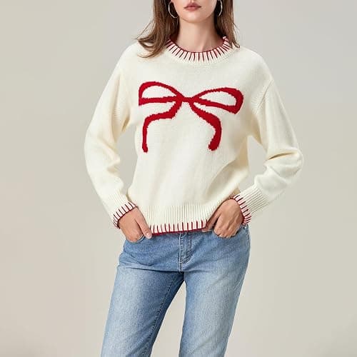 Women Cute Bow Sweater Long Sleeve Bow Front Knitted Pullover Oversized Jumper Ribbed Knitwear Y2k Going Out Top thumbnail 3