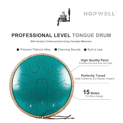 Steel Tongue Drum - HOPWELL 15 Note 14 Inch - Percussion Instrument - Hand Pan Drums with Music Book, Drum Mallets and Carry Bag, D Major, Malachite Green thumbnail 3