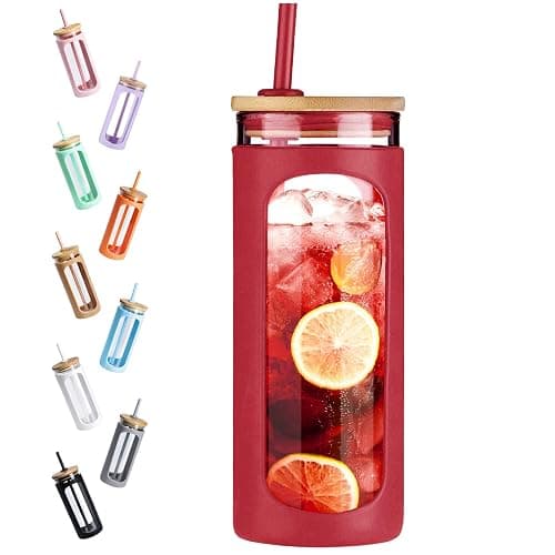 Kodrine 20oz Glass Tumbler with Straw and Lid, Iced Coffee Cups with Bamboo Lids, Glass Cups for Cold Drinks, Smoothie Cup with Silicone Sleeve for Travel, Work, BPA FREE-Barbados Cherry - Image 1