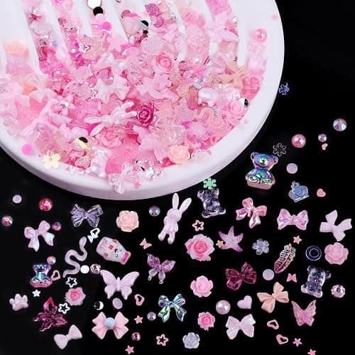 Sinyanail 300pcs Nail Art Charms Kit,Over 100pcs Mixshape Resin Gems and 100 pcs Mixed Flatback Nail Rhinestones Pearls with Over 100pcs Sequins for Women's Manicure Making (Pink) thumbnail 4