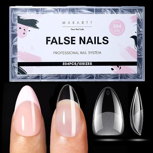 Makartt Short Almond Nail Tips: 504PCS Pre Etched Clear False Nails Tips Almond Shapes, 15 Sizes Full Cover Half Matte Soft Acrylic Press On Nail Extensions Supplies Salon and DIY at Home - Image 1