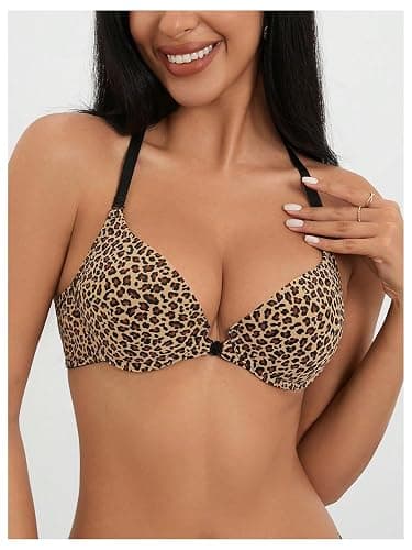 GORGLITTER Women's Leopard Print Front Fastening Bras Underwire Push Up Halter Neck Medium Support Sexy Bra thumbnail 5