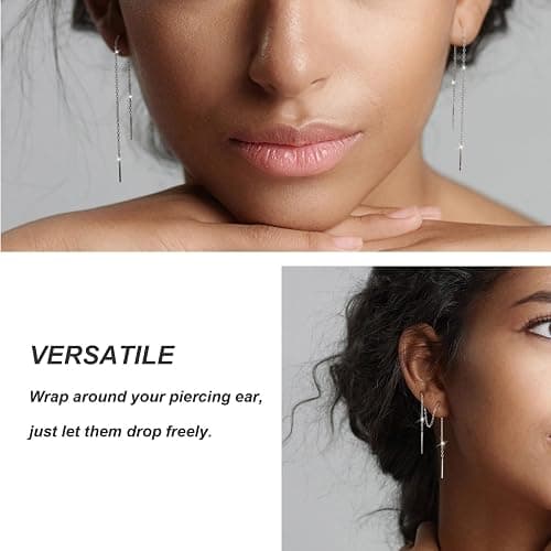 Chain Threader Earrings Dangle for Women Sterling Silver 925 | 2 Pairs Hypoallergenic and Versatile Pull Through Thread Dangly Earrings Woman 14K Gold Plated Silver (2.4" / 4.8") thumbnail 4
