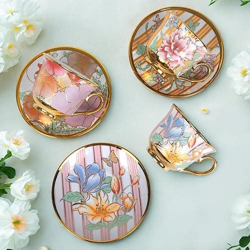 Tea Cups and Saucers Set of 6, 8 OZ Ceramic Tea Cups with Saucers Vintage Floral Tea Cup Set for Cappuccino, Macchiato, Afternoon Tea Birthday Party Supply Thanksgiving Day Halloween gifts thumbnail 6