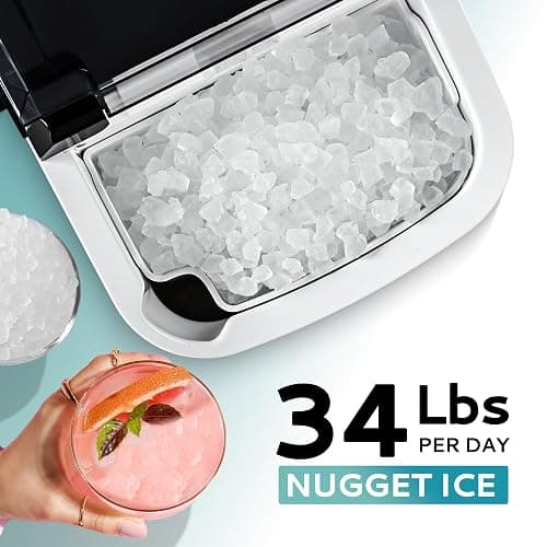 EUHOMY Nugget Ice Maker Countertop with Handle, Ready in 6 Mins, 34lbs Per Day, Removable Top Cover, Auto-Cleaning, Portable Sonic Ice Maker with Basket and Scoop, for Home/Party/RV/Camping (Black) thumbnail 3