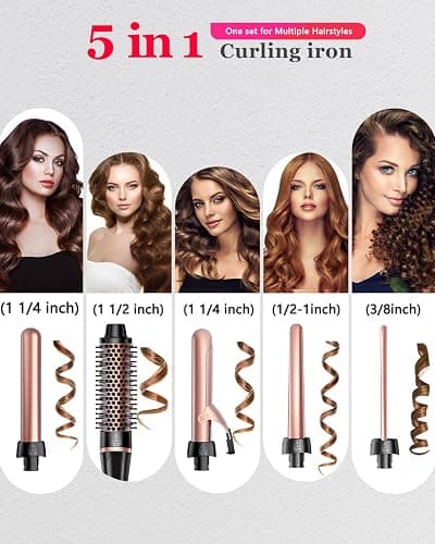 5 in 1 Curling Iron & Thermal Brush Set with 4 Interchangeable Ceramic Barrels (0.35”-1.25”) Fast Heat Dual Voltage Travel Hair Tools Birthday Gift for Women - Hair Curler Wand Kit for Curls & Blowout thumbnail 2