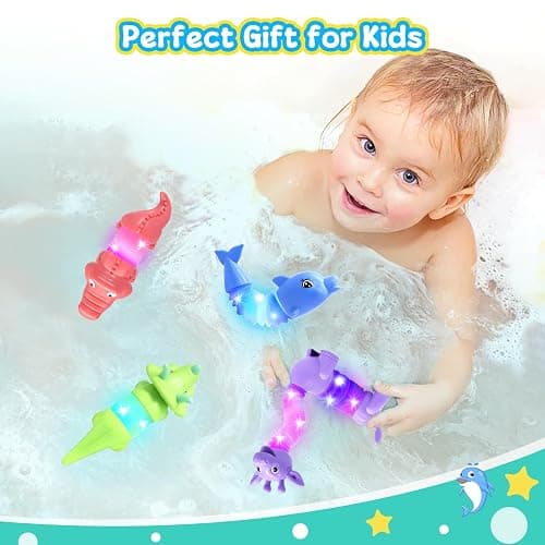 DELEE Bath Toys 4Packs Animal Shaped Pop Tubes Baby Bath Toys with LED Lights Floating Swimming Water Toys,Perfect for Bath Time Fun,Travel,Pool Play,Idea Gift for 3 4 5 year olds Toddlers and Kids thumbnail 7