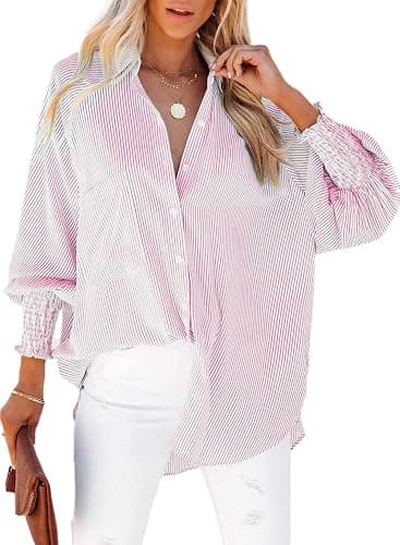 Womens Smocked Cuffed Striped Boyfriend Shirt Casual Collar Long Sleeve Oversized Button Down Blouse Tops with Pocket Shirred - Image 1