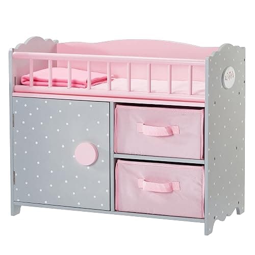 Olivia's Little World Wooden Baby Doll Crib with a Cabinet and Two Cubbies for Doll Accessory Storage Underneath, Pink and Gray and White Polka Dots - Image 1