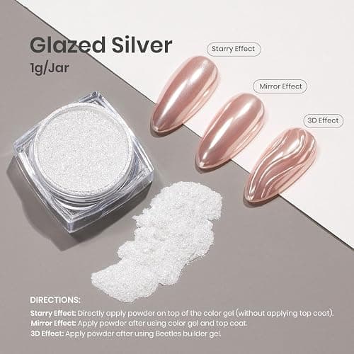 Beetles Silver Aurora Chrome Nail Powder Pearl Mirror Effect 1g Chrome Powder for Gel Nail Polish Silver Manicure Crome Nails Glazed Nails Art Design Gift for Women thumbnail 4